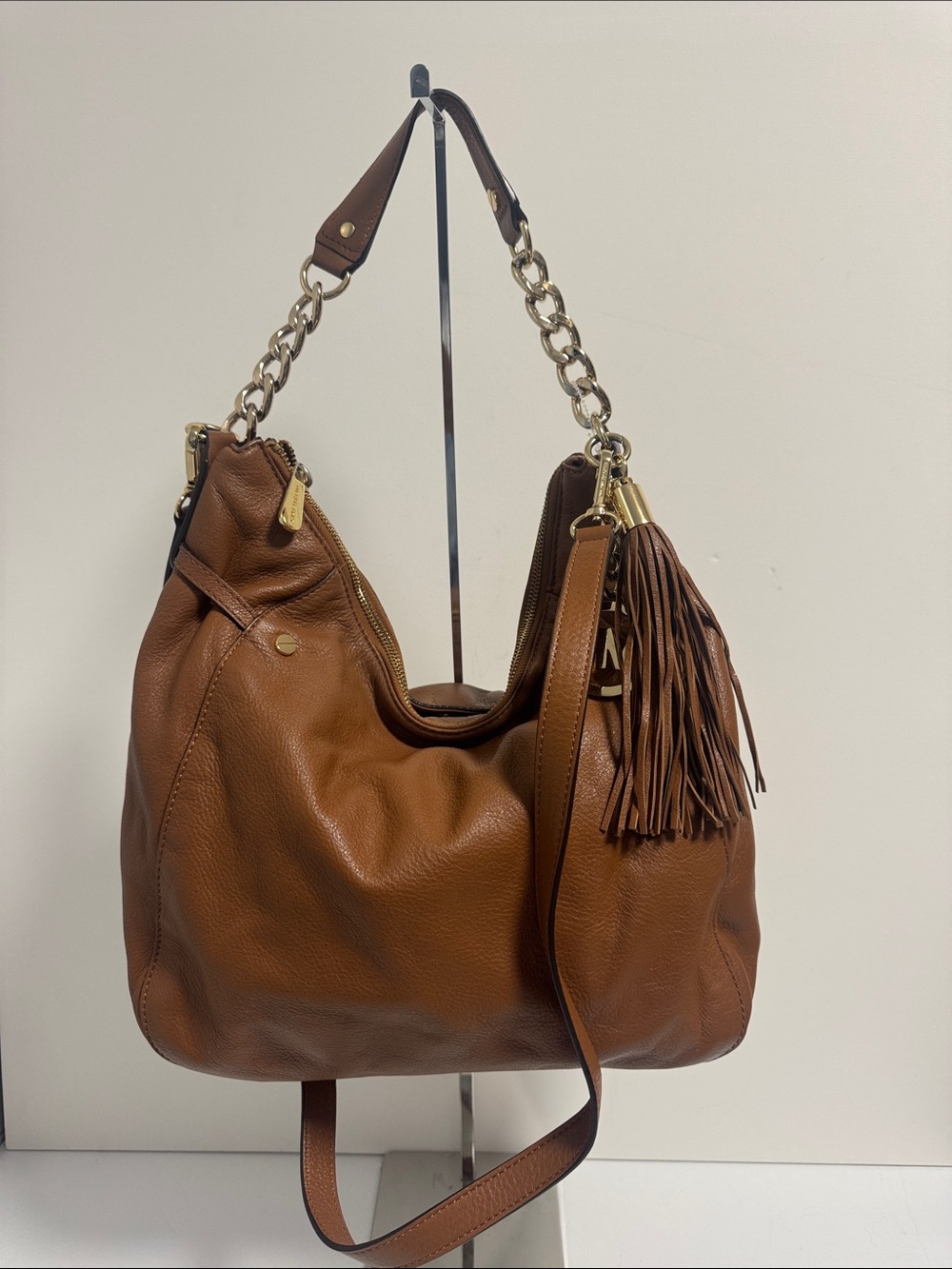 Michael Kors Leather Tassel Fringe Shoulder Bag with Crossbody Strap Brown